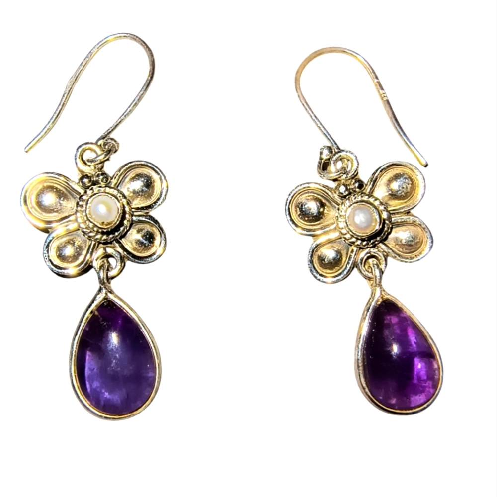 Amethyst, Pearl & Sterling Silver Drop Earrings With Butterfly Design